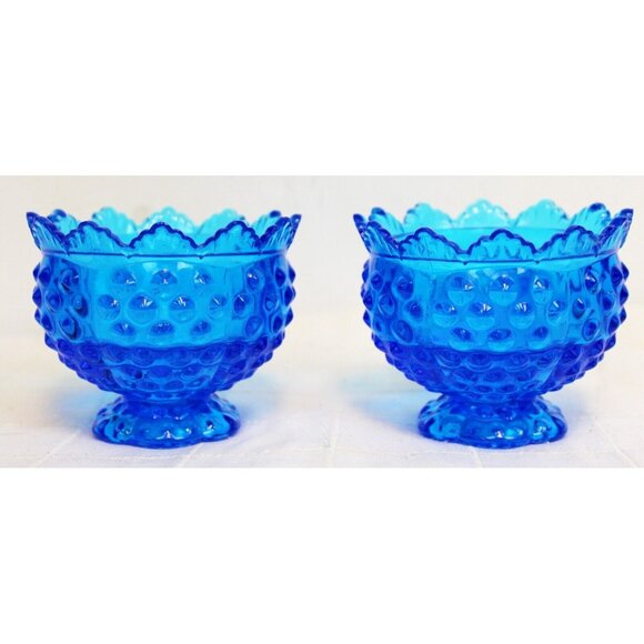2 Pc Fenton Glass Hobnail Candle Holder Set Bowls Blue Round Bubble Taper
